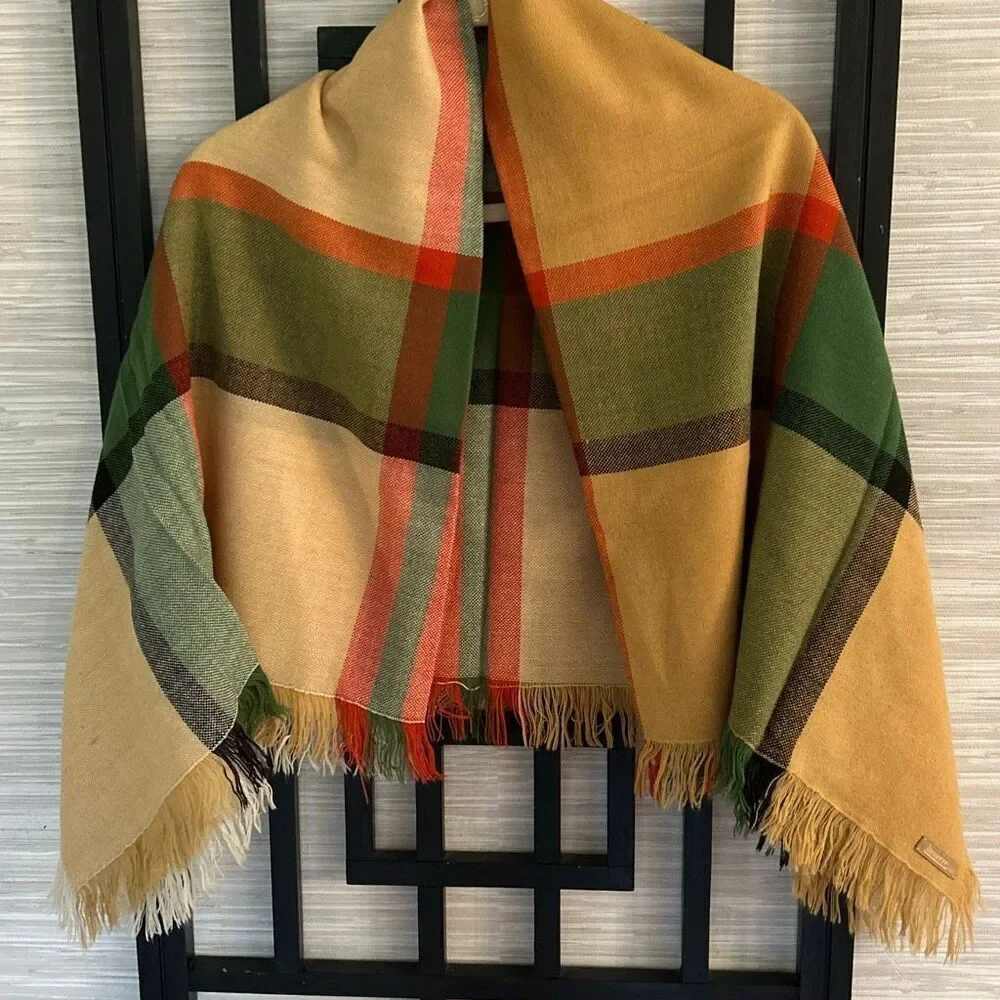 NWOT Lasserre Paris camel and green color plaid wrap scarf with fringe shawl